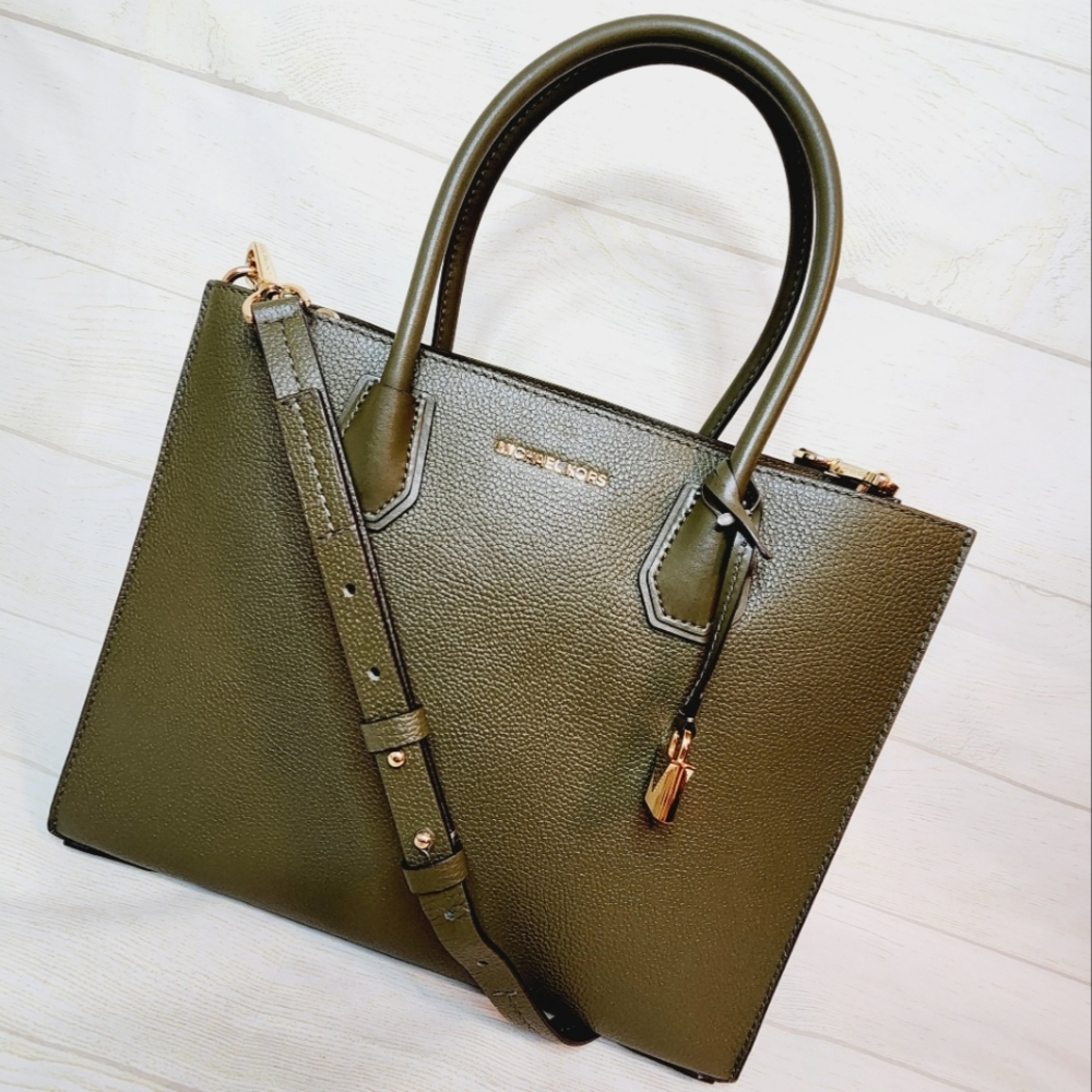 Michael Kors Mercer Accordion Tote Leather Large Olive New
